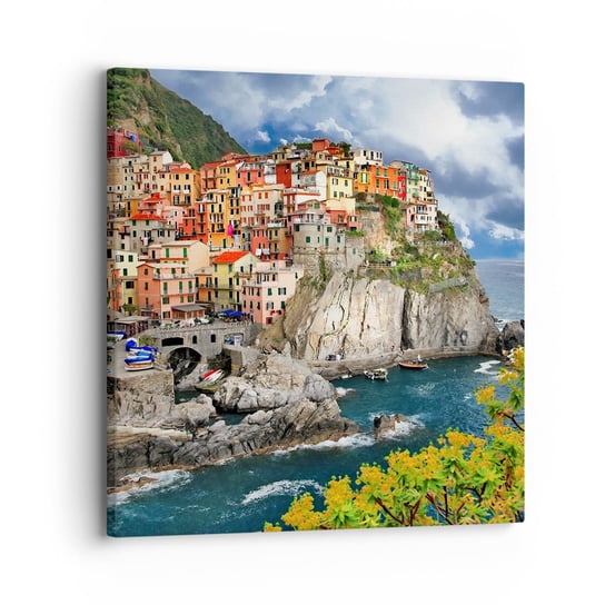 Obraz na płótnie - Gromadka przytulona do skał - 30x30 cm - Obraz nowoczesny - Krajobraz, Architektura, Włochy, Manarola, Liguria - AC30x30-2710 ARTTOR