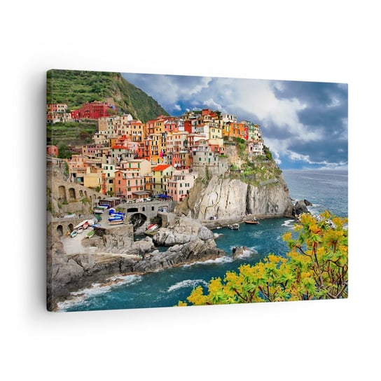 Obraz na płótnie - Gromadka przytulona do skał - 70x50 cm - Obraz nowoczesny - Krajobraz, Architektura, Włochy, Manarola, Liguria - AA70x50-2710 ARTTOR