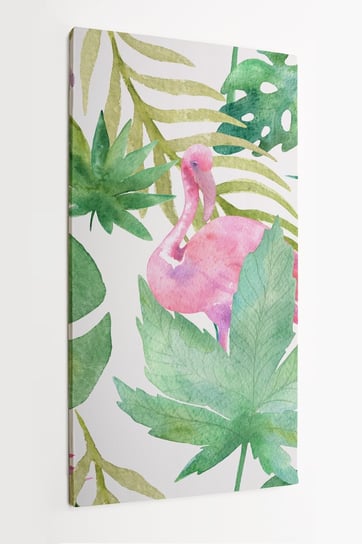 Obraz na płótnie HOMEPRINT, akwarela tropikalny rysunek, różowy ptak i zieleń palmy, egzotyka 50x100 cm HOMEPRINT