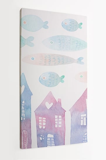 Obraz na płótnie HOMEPRINT, akwarele, kolorowe domy, ryby 60x120 cm HOMEPRINT
