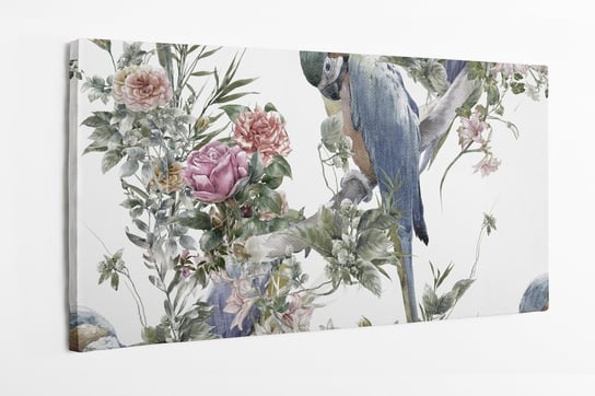 Obraz na płótnie HOMEPRINT, akwarele, papuga, Ara zwyczajna, ptak, vintage, gałąź, kwiat 100x50 cm HOMEPRINT