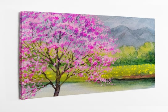 Obraz na płótnie HOMEPRINT, akwarele, różowe drzewo, kwitnące, drzewo, nad jeziorem, jezioro 140x70 cm HOMEPRINT