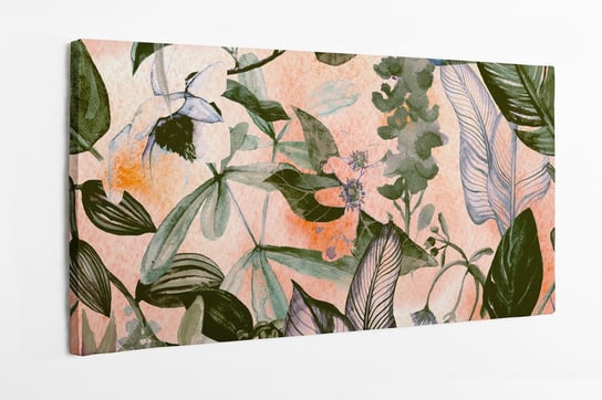 Obraz na płótnie HOMEPRINT, akwarelowa łąka z tropikalnymi kwiatami magnolii, kwiatem pomarańczy oraz orchidei waniliowej 125x50 cm HOMEPRINT