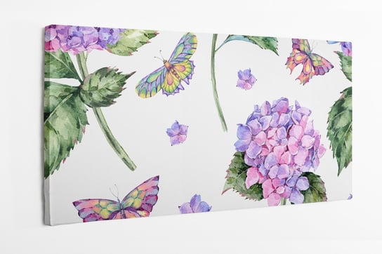Obraz na płótnie HOMEPRINT, akwarelowe letnie różowe hortensje z motylami. 100x50 cm HOMEPRINT