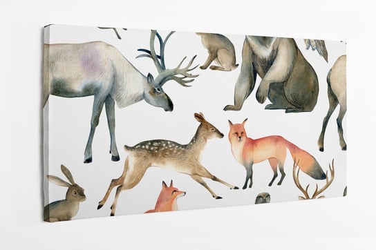 Obraz na płótnie HOMEPRINT,  akwarelowe wizerunki zwierząt leśnych na białym tle, lis, jeleń, zając, sowa 120x50 cm HOMEPRINT