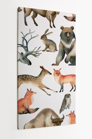 Obraz na płótnie HOMEPRINT,  akwarelowe wizerunki zwierząt leśnych na białym tle, lis, jeleń, zając, sowa 60x120 cm HOMEPRINT