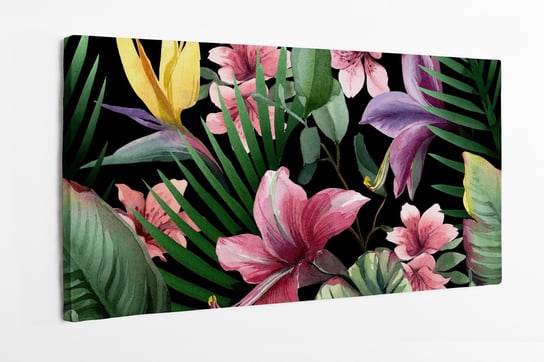 Obraz na płótnie HOMEPRINT, akwarelowy bukiet kolorowych kwiatów tropikalnych na czarnym tle 140x70 cm HOMEPRINT