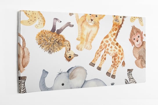 Obraz na płótnie HOMEPRINT, akwarelowy motyw dziecięcy na białym tle, żyrafa, lew, słoń, małpa 100x50 cm HOMEPRINT