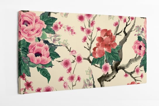Obraz na płótnie HOMEPRINT, akwarelowy obraz kwiatowy w stylu chińskim sakury i kwiatów piwonii, wzór 120x50 cm HOMEPRINT