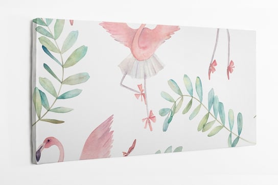 Obraz na płótnie HOMEPRINT, akwarelowy wzór różowego flaminga tańczącego balet, baletnica , liście eukaliptusa 100x50 cm HOMEPRINT