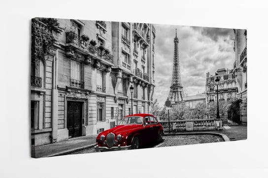 Obraz na płótnie HOMEPRINT, artystyczny Paryż, Francja, Wieża Eiffla widziana z ulicy z czerwonym samochodem, retro 100x50 cm HOMEPRINT