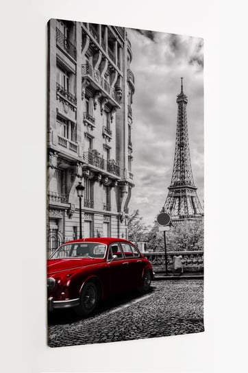 Obraz na płótnie HOMEPRINT, artystyczny Paryż, Francja, Wieża Eiffla widziana z ulicy z czerwonym samochodem, retro 50x100 cm HOMEPRINT