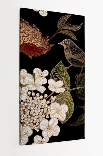 Obraz na płótnie HOMEPRINT,  Białe kwiaty hortensji, czerwone pelargonie oraz mały ptaszek na czarnym tle 50x100 cm HOMEPRINT