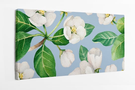 Obraz na płótnie HOMEPRINT, białe kwiaty, kwiaty jabłoni, wzór, jasny na niebieskim tle 140x70 cm HOMEPRINT