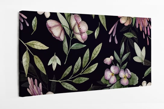 Obraz na płótnie HOMEPRINT, braki, fiołki, wzór, kwiatki, rośliny, na ciemnym tle 120x50 cm HOMEPRINT