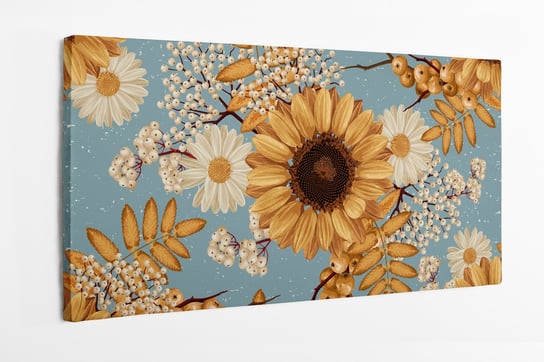 Obraz na płótnie HOMEPRINT, bukiet jesiennych kwiatów ze słonecznikami, stokrotkami oraz jarzębiną 120x50 cm HOMEPRINT