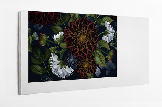 Obraz na płótnie HOMEPRINT,  bukiet kwiatów, białe, szare oraz bordowe pelargonie na czarnym tle, zielone liście 100x50 cm HOMEPRINT