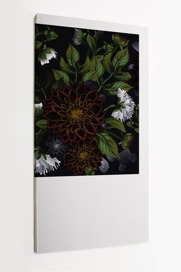 Obraz na płótnie HOMEPRINT,  bukiet kwiatów, białe, szare oraz bordowe pelargonie na czarnym tle, zielone liście 50x100 cm HOMEPRINT