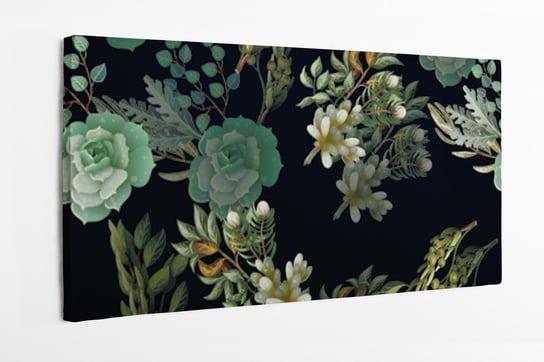 Obraz na płótnie HOMEPRINT, bukiet kwiatów z magnolii, liści eukaliptusa oraz paproci na czarnym tle 100x50 cm HOMEPRINT