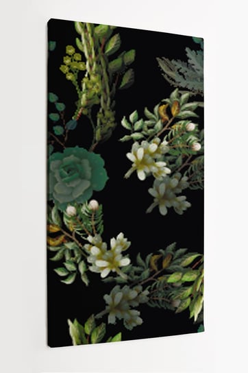 Obraz na płótnie HOMEPRINT, bukiet kwiatów z magnolii, liści eukaliptusa oraz paproci na czarnym tle 60x120 cm HOMEPRINT