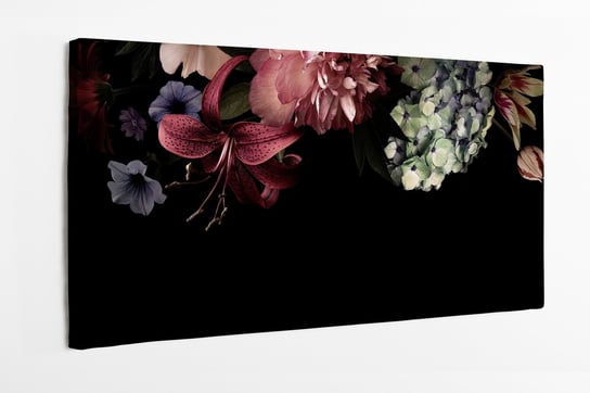 Obraz na płótnie HOMEPRINT, bukiety kwiatów na czarnym tle, petunie, piwonie, hortensja 120x60 cm HOMEPRINT