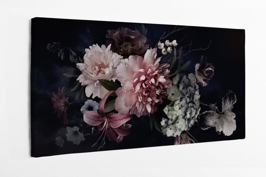 Obraz na płótnie HOMEPRINT, bukiety kwiatów na czarnym tle, petunie, piwonie, hortensja 120x60 cm HOMEPRINT