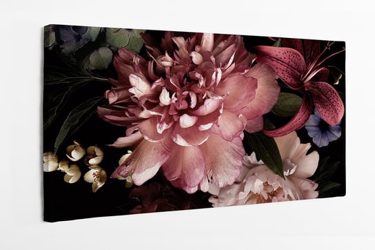 Obraz na płótnie HOMEPRINT, bukiety kwiatów na czarnym tle, zbliżenie na piwonie 120x60 cm HOMEPRINT
