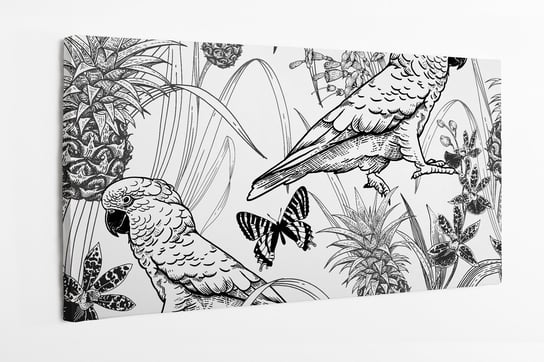 Obraz na płótnie HOMEPRINT, czarno-biały obraz egzotycznych papug i tropikalnych kwiatów 100x50 cm HOMEPRINT