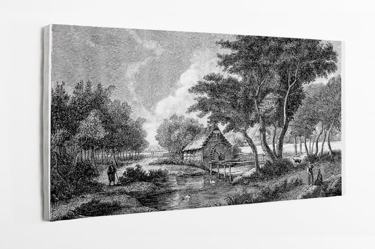 Obraz na płótnie HOMEPRINT, czarno-biały, rycina, poetycki, krajobraz, 100x50 cm HOMEPRINT