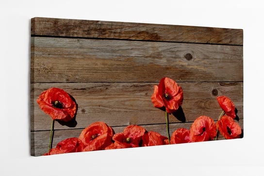 Obraz na płótnie HOMEPRINT, czerwone maki, drewno tło, czerwone płatki, kwiaty 120x50 cm HOMEPRINT