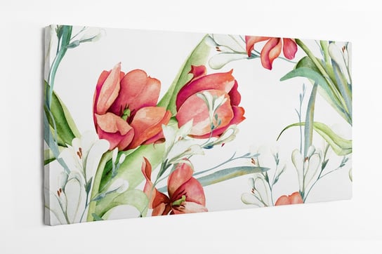 Obraz na płótnie HOMEPRINT, Czerwone tulipany na białym tle, łąka kwitów, zielone liście, pąki tulipanów 100x50 cm HOMEPRINT
