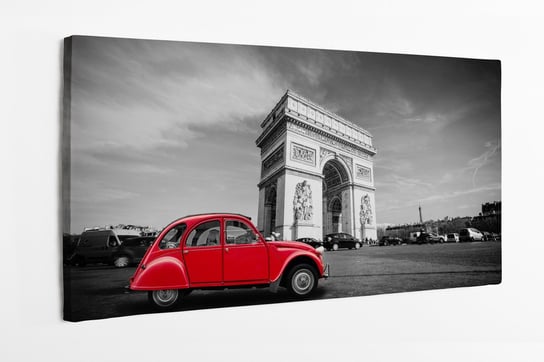 Obraz na płótnie HOMEPRINT, czerwony Citroen 2CV, łuk triumfalny, Paryż, Francja 120x50 cm HOMEPRINT
