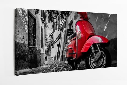 Obraz na płótnie HOMEPRINT, czerwony skuter vespa, zaparkowany na wybrukowanej ulicy, Włochy, czarno-białe tło 120x50 cm HOMEPRINT