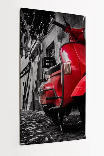 Obraz na płótnie HOMEPRINT, czerwony skuter vespa, zaparkowany na wybrukowanej ulicy, Włochy, czarno-białe tło 50x100 cm HOMEPRINT