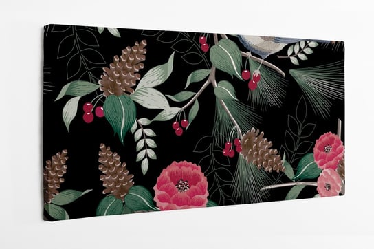 Obraz na płótnie HOMEPRINT, drzewo iglaste, ptaki, drzewo liściaste, szyszki, czerwone kwiaty, czarne tło, 120x60 cm HOMEPRINT