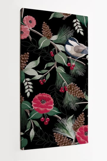 Obraz na płótnie HOMEPRINT, drzewo iglaste, ptaki, drzewo liściaste, szyszki, czerwone kwiaty, czarne tło, 60x120 cm HOMEPRINT