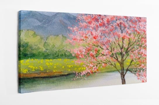 Obraz na płótnie HOMEPRINT, drzewo wiśni nad jeziorem, różowe drzewo, wiosna, akwarele 140x70 cm HOMEPRINT