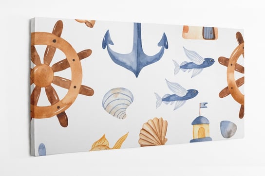 Obraz na płótnie HOMEPRINT, dziecięcy akwarelowy motyw morski, kotwica, ster, złota rybka, latania morska 100x50 cm HOMEPRINT
