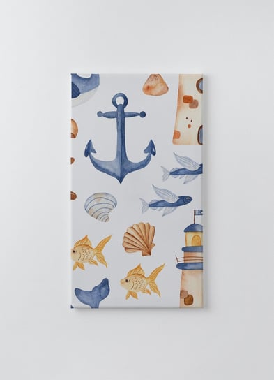 Obraz na płótnie HOMEPRINT, dziecięcy akwarelowy motyw morski, kotwica, ster, złota rybka, latania morska 50x100 cm HOMEPRINT
