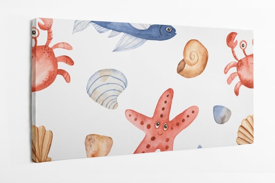 Obraz na płótnie HOMEPRINT, dziecięcy akwarelowy motyw stworzeń morski, muszelki, ryby, krab 100x50 cm HOMEPRINT