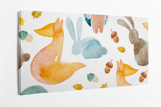 Obraz na płótnie HOMEPRINT, dziecięcy motyw akwarelowych zwierząt leśnych, lis, królik, jeż 100x50 cm HOMEPRINT