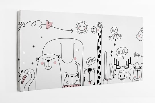 Obraz na płótnie HOMEPRINT, dziecięcy motyw narysowanych zwierząt na białym tle 120x50 cm HOMEPRINT