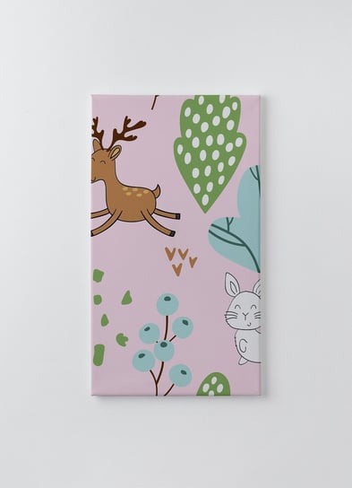 Obraz na płótnie HOMEPRINT, dziecięcy motyw skaczącego jelenia na różowej polanie, biały królik, 60x120 cm HOMEPRINT