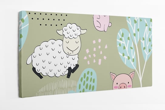 Obraz na płótnie HOMEPRINT, dziecięcy motyw słodkiej owieczki i różowych świnek na zielonej trawie 120x50 cm HOMEPRINT