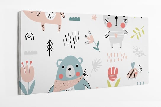 Obraz na płótnie HOMEPRINT, dziecięcy motyw zwierząt, niedźwiedź, królik, kwiaty 100x50 cm HOMEPRINT