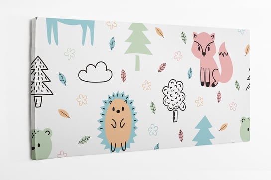 Obraz na płótnie HOMEPRINT, dziecięcy wzór leśnych zwierząt i drzew, jeż, lisy, królik, góry 100x50 cm HOMEPRINT
