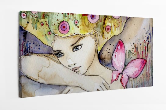 Obraz na płótnie HOMEPRINT, dziewczyna, akwarele, motyl, natura włosy, kwiaty 120x60 cm HOMEPRINT
