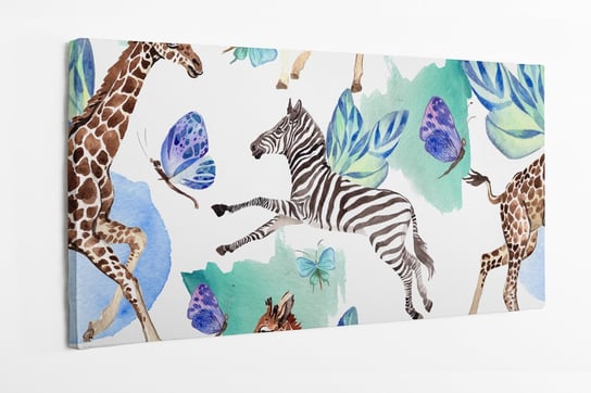 Obraz na płótnie HOMEPRINT, dzikie zwierzęta, zebra, żyrafy, motyle, akwarele, zwierzęta sawanny 100x50 cm HOMEPRINT