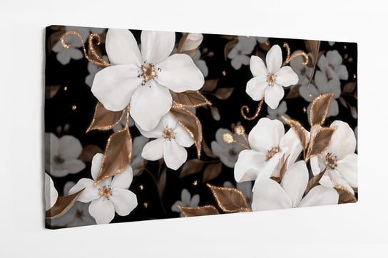Obraz na płótnie HOMEPRINT, elegancki wzór z białymi kwiatami  jabłoni i złotymi elementami na czarnym tle 100x50 cm HOMEPRINT