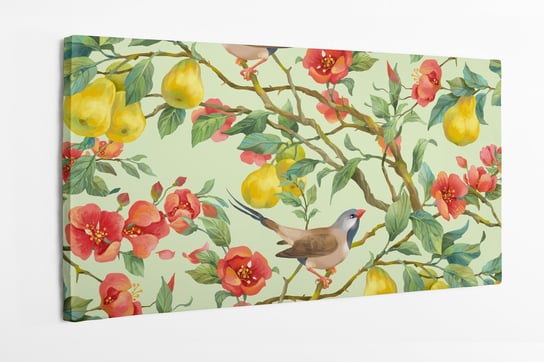 Obraz na płótnie HOMEPRINT, gałąź Japońskiej pigwy z kwiatami, owocami i ptakami,  długoogoniasta zięba trawiasta. 120x50 cm HOMEPRINT